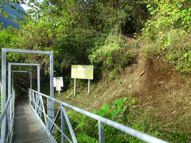 Laisser le sentier de gauche descendant au barrage et prendre à droite vers l'îlet à Bananes
