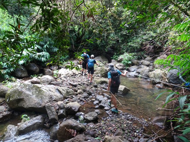 Un câble facilite la traversée de la ravine